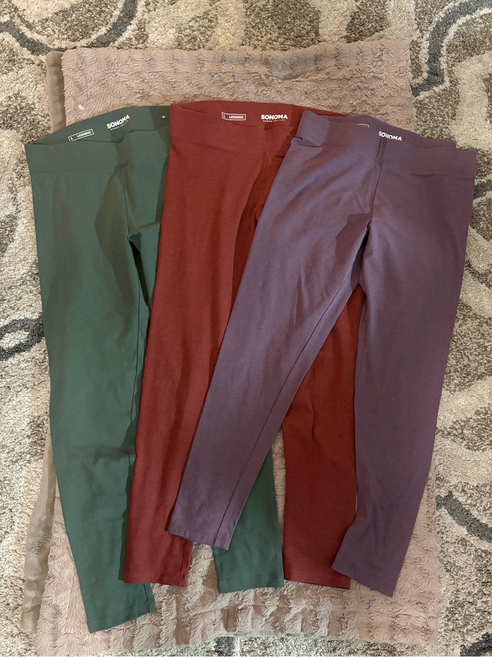 Sonoma Women’s 3-Pack Stretch Leggings - Green, Rust & Purple